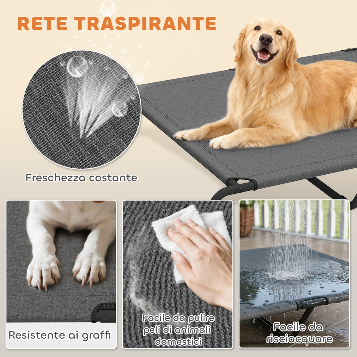 Lettino per Cani Grandi Rialzato da Esterno in Acciaio e Rete Traspirante, 152x94x23 cm, Grigio