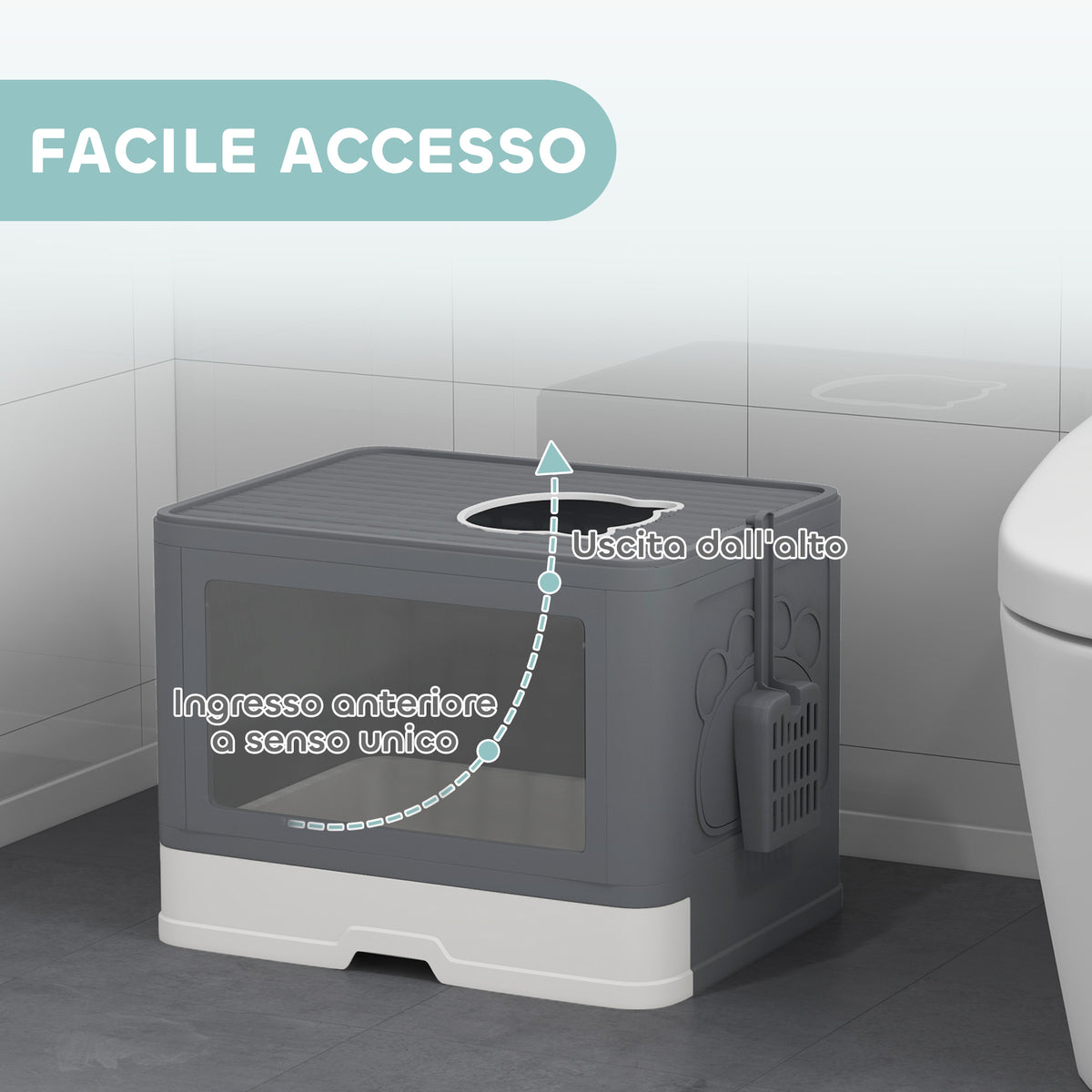 Lettiera per Gatti Chiusa con Coperchio e Doppia Entrata, Cassetto Estraibile, Paletta e Spazzola, Grigio