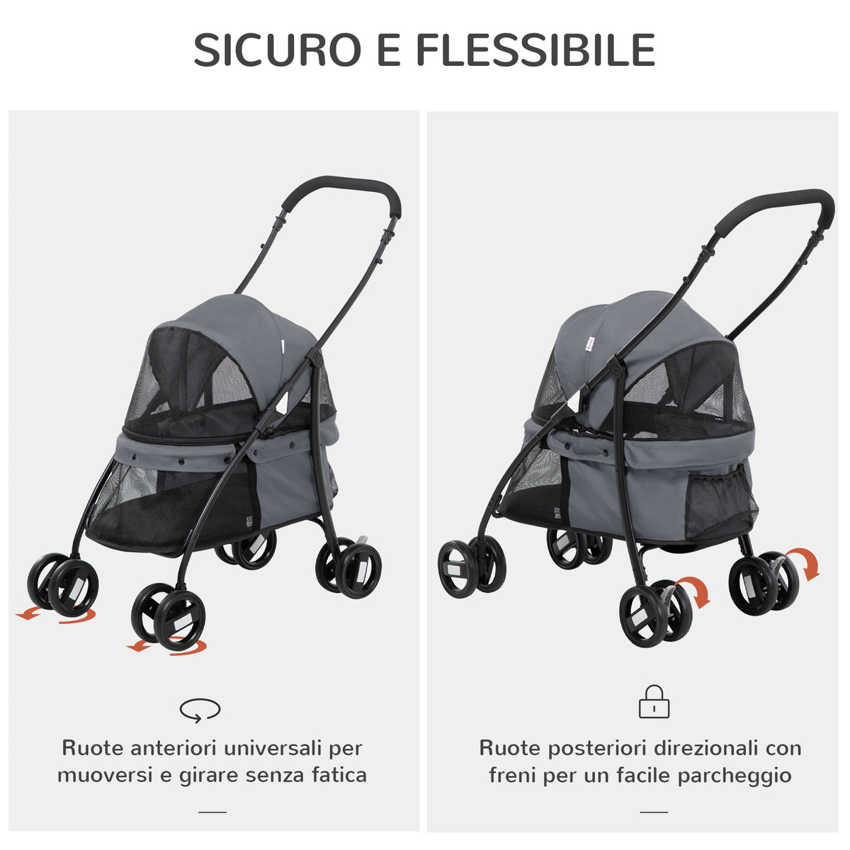 Passeggino per Cani Pieghevole con Tettuccio Regolabile, Borsa e 2 Guinzagli, 82x47x97 cm, Grigio e Nero
