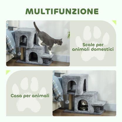 Scaletta per Gatti a 4 Gradini Regolabile in Altezza con 2 Casette, Palo Tiragraffi e Pallina, Grigio
