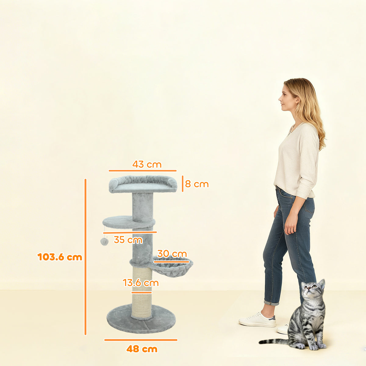 Albero Tiragraffi per Gatti Alto 103.5 cm con Lettino e Amaca, Rivestimento in Peluche, Grigio Chiaro