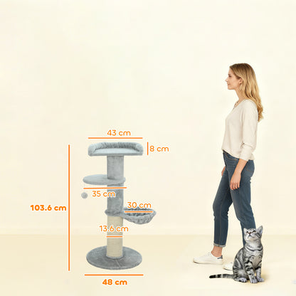 Albero Tiragraffi per Gatti Alto 103.5 cm con Lettino e Amaca, Rivestimento in Peluche, Grigio Chiaro