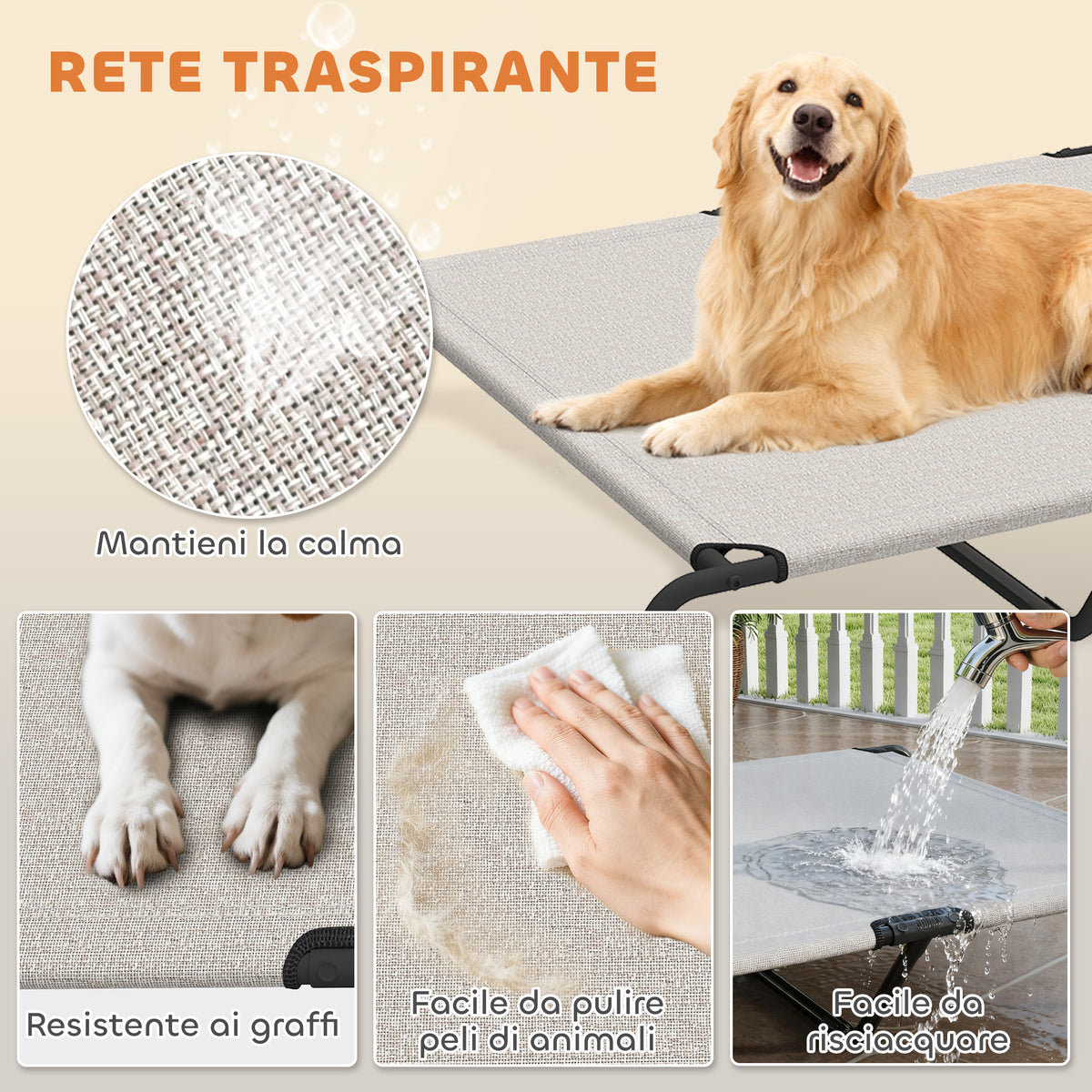 Lettino per Cani Grandi Rialzato da Esterno in Acciaio e Rete Traspirante, 152x94x23 cm, Beige