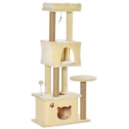 Albero Tiragraffi per Gatti Alto 136 cm con Cuccia Rimovibile, Casetta e Lettino, Pali in Iuta, Beige