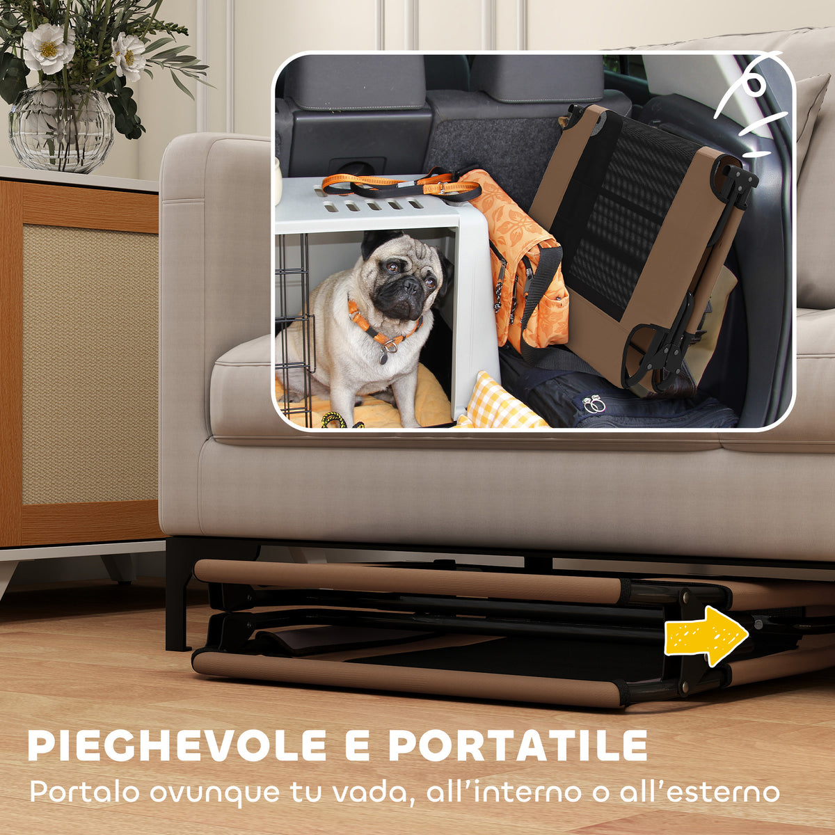 Letto per Cani Grandi Pieghevole con Tessuto a Rete da Interno ed Esterno, 107x61x20 cm, Marrone