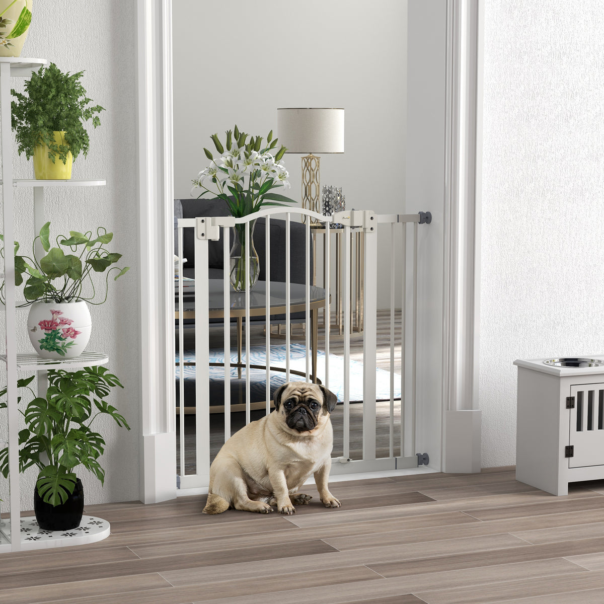 Cancelletto per Cani Estensibile con 2 Blocchi e Chiusura Automatica, in Metallo e Plastica, 74-87x78 cm, Bianco