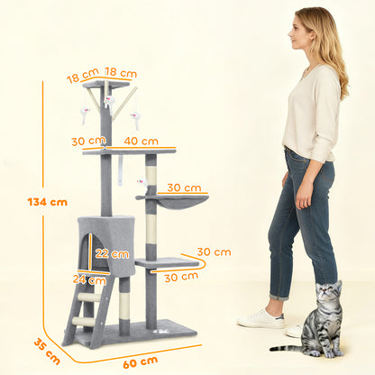 Torre per Gatti con Casetta, Trespolo, Piattaforme e 4 Topolini, in Legno, Peluche e Sisal, 60x35x134 cm, Grigio