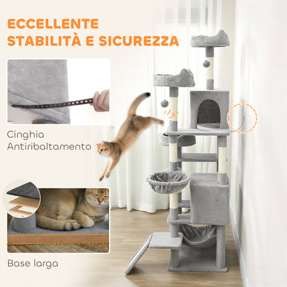 Albero Tiragraffi per Gatti con Scala, 2 Amache, 3 Posatoi, 2 Casette e 3 Piattaforme, 48x48x192 cm, Grigio e Crema