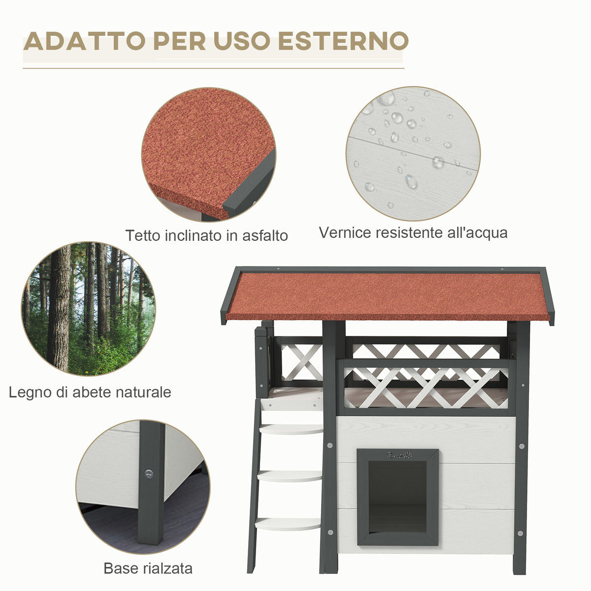 Casetta per Gatti da Esterno con Terrazza e Scaletta in Legno, 77x50x73cm, Bianco e Grigio