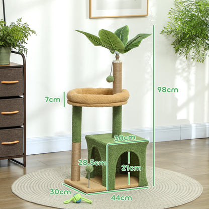 Albero Tiragraffi per Gatti con Casetta, Lettino e 2 Palline, in Legno e Poliestere, 44x30x98 cm, Verde e Marrone