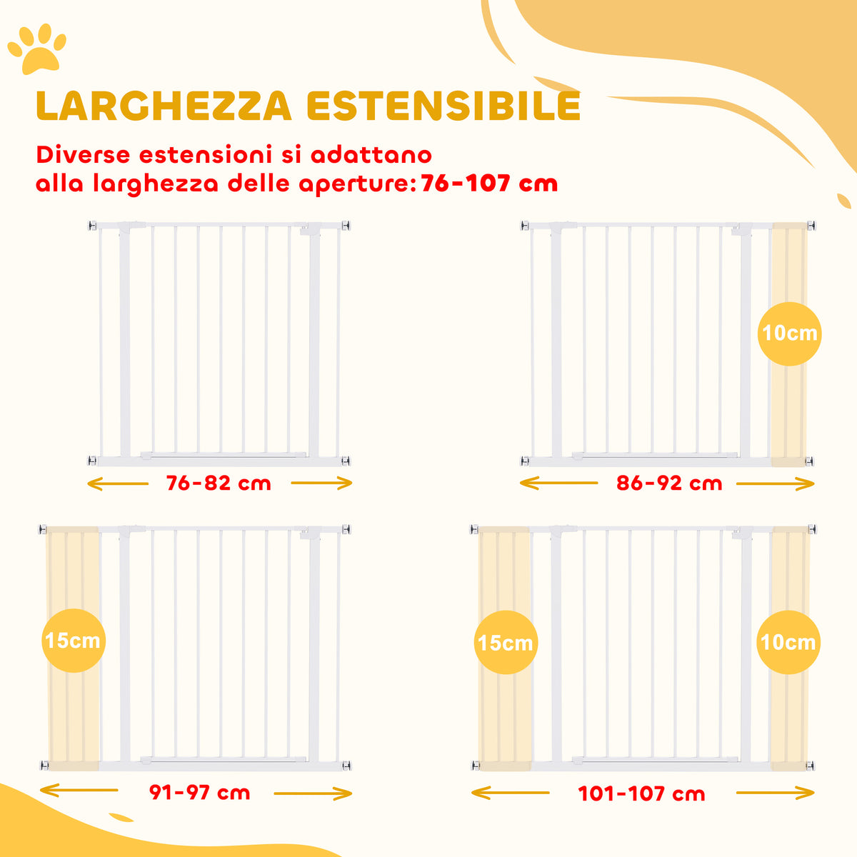 Cancellino per Cani di Sicurezza Estensibile da 76-107cm Montaggio a Pressione, Metallo e Plastica, Bianco