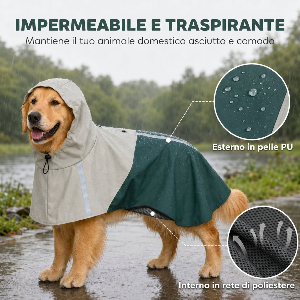 Impermeabile per Cani con Cappuccio, Foro per Guinzaglio e Strisce Riflettenti, per Cani di Taglia Grande, Verde