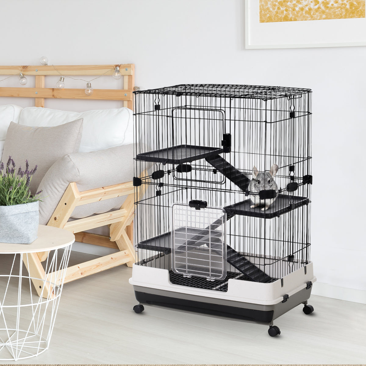 Gabbia a 3 Piani in Metallo con Vassoio per Roditori, Conigli e Furetti con 4 Ruote, 81.2x52.7x114cm, Nera