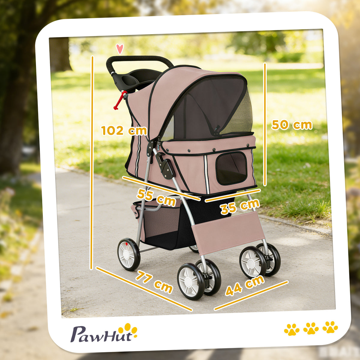Passeggino per Cani Pieghevole con Catarifrangenti, Ruote Girevoli, Freni e Cuscino Lavabile, Caffè
