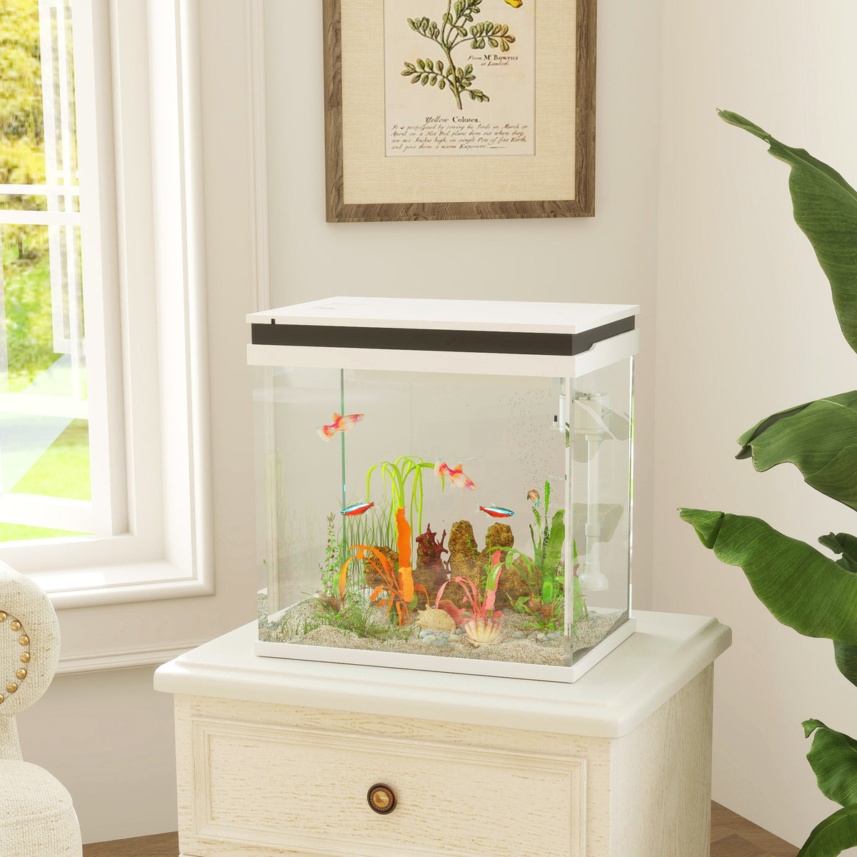 Acquario per Pesci Rossi 26L con Luci LED, Sistema di Filtraggio e Pompa d'Acqua, 38x26x38 cm, Bianco