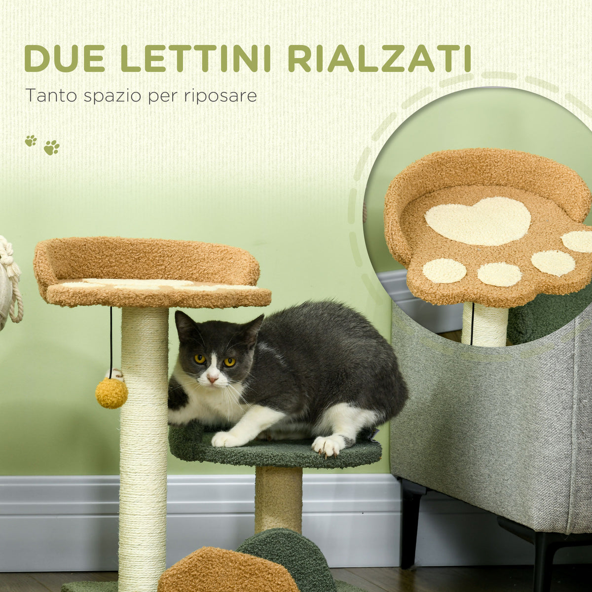 Albero Tiragraffi per Gatti con 2 Lettini, Pallina e Rivestimento in Velluto, 43x39x52cm