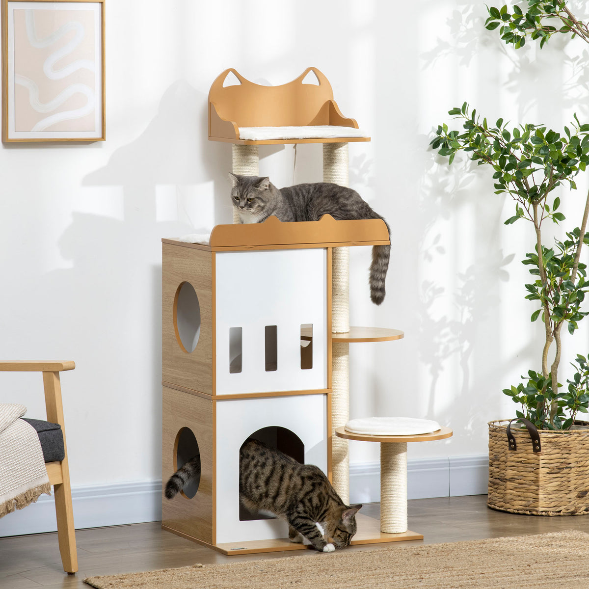 Albero per Gatti in MDF con Tiragraffi per Gatti, 2 Casette per Gatti, Posatoi e Pallina da Gioco, 60x48x133 cm