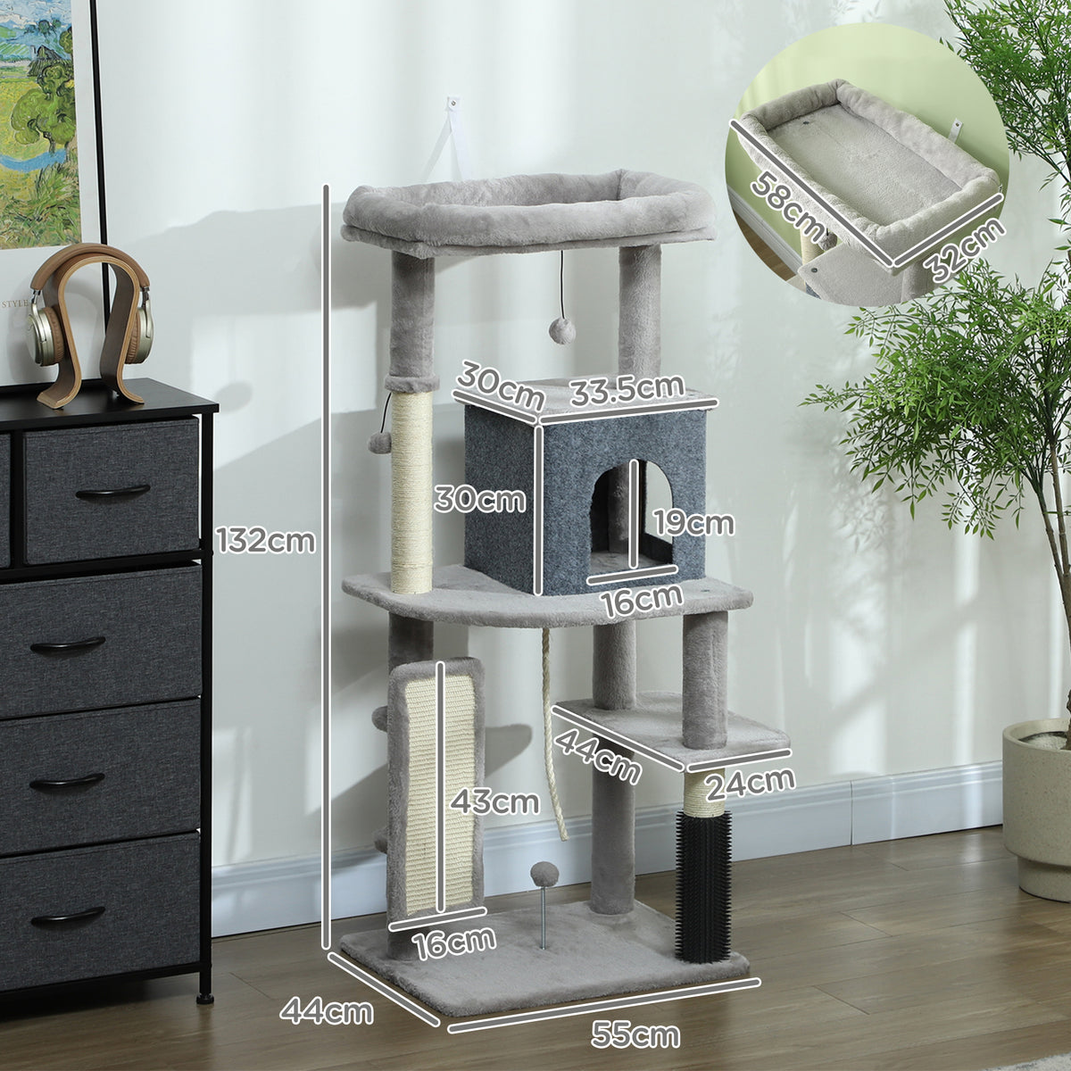 Albero per Gatti Multilivello Alto 132 cm con Casetta, Lettino, Pali Tiragraffi, Spazzola e Pallina, Grigio