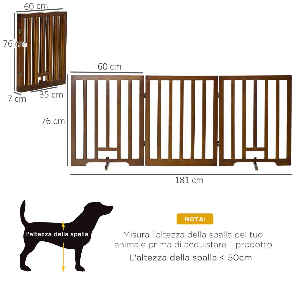 Cancellino per Cani Pieghevole a 3 Pannelli con Piedini Antiscivolo per Corridoi, Scale e Stanze, in Legno di Pino, 181x35x76 cm, Marrone Scuro