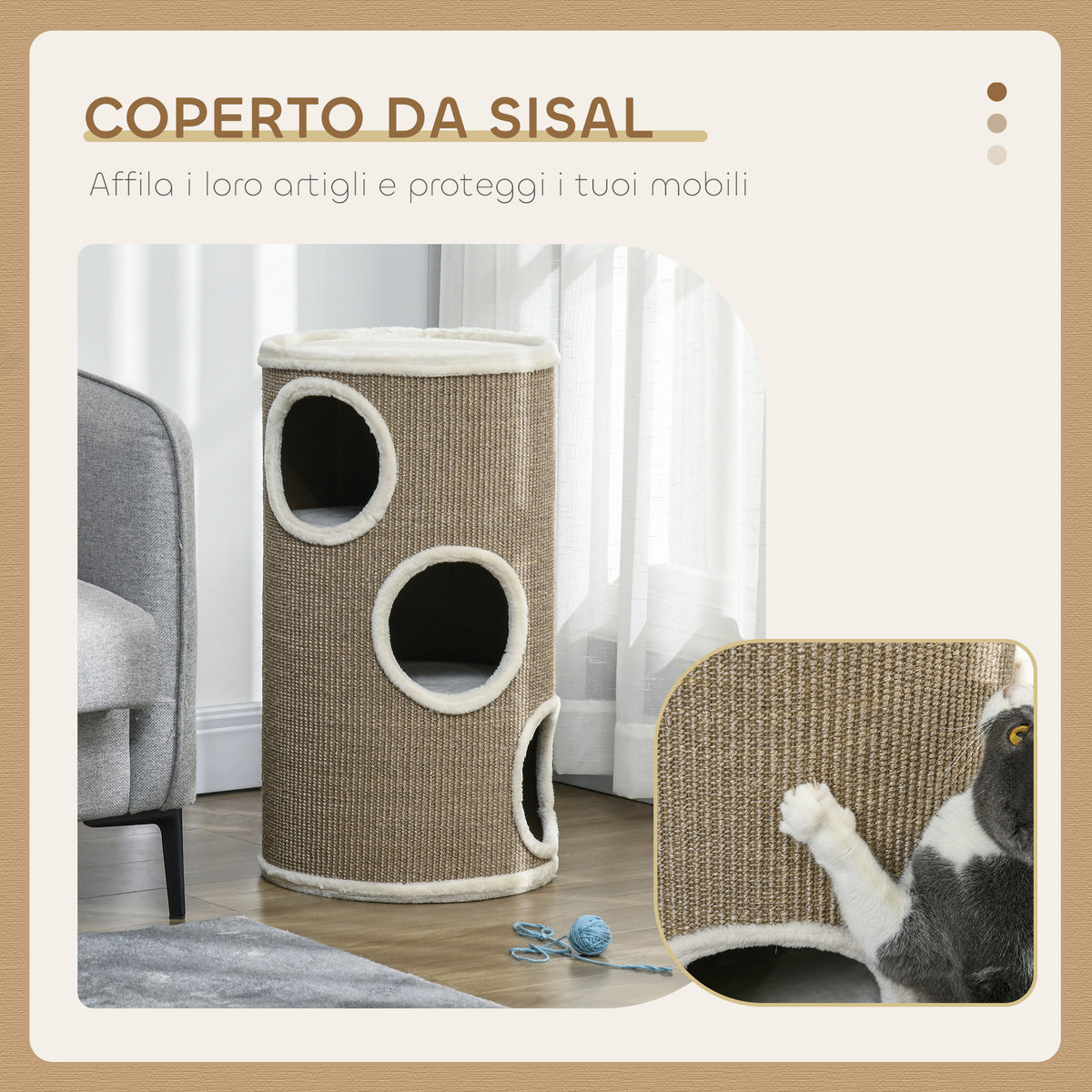 Cuccia per Gatti a 3 Livelli con Tiragraffi in Sisal e Peluche, 38x70cm, Marrone