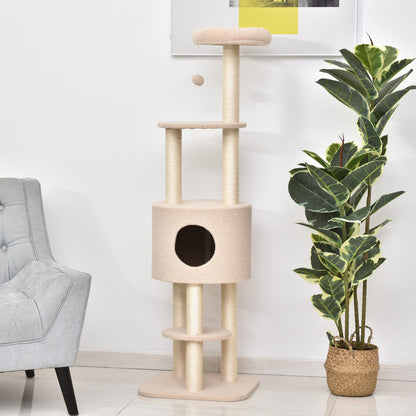 Albero Tiragraffi Robusto per Gatti con 5 Livelli, Cuccia, Casetta, Giochi e Corda Sisal, Beige, Max 30kg