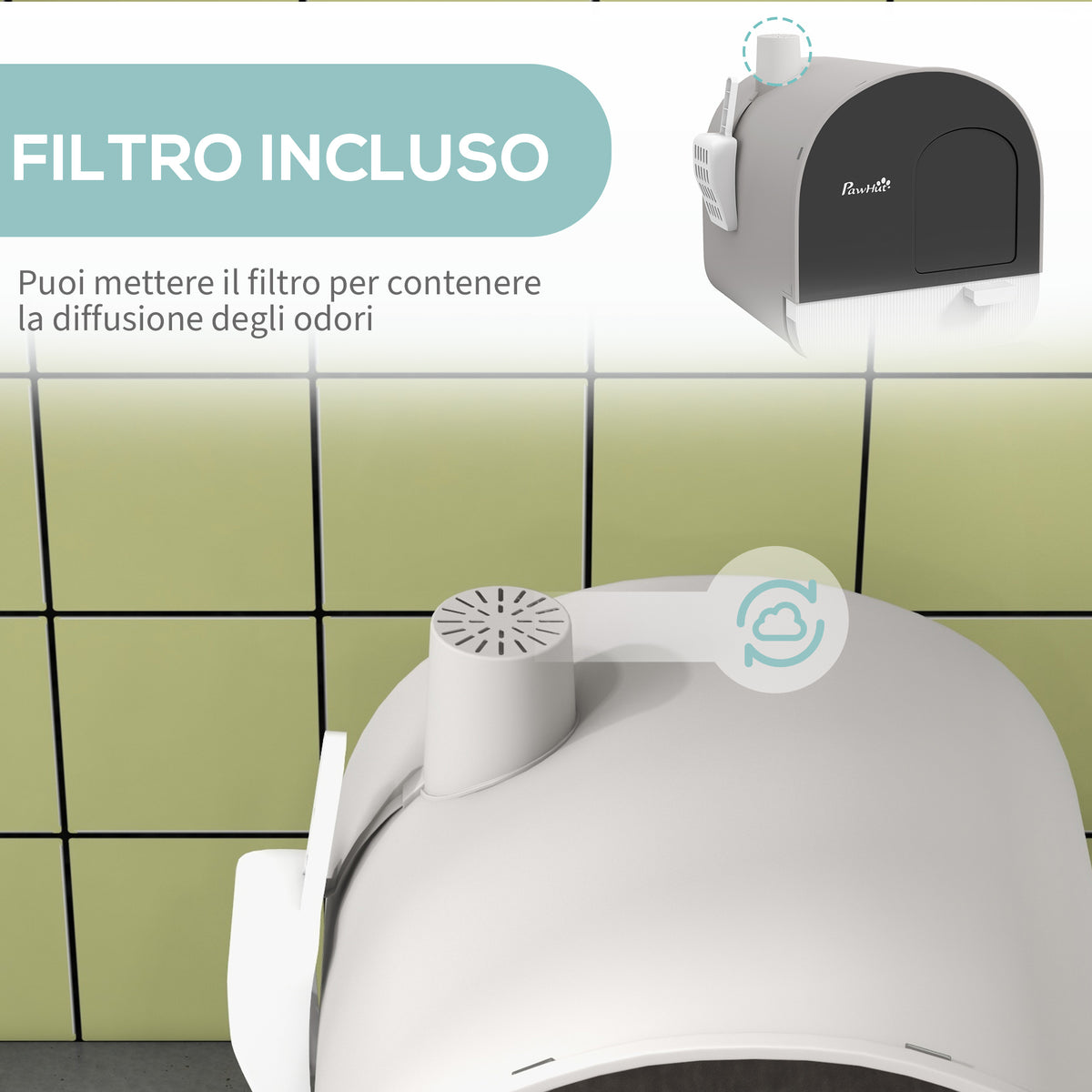 Lettiera per Gatti Chiusa con Filtri, Paletta e Vassoio, Struttura in PP, 43x44x47cm, Grigio