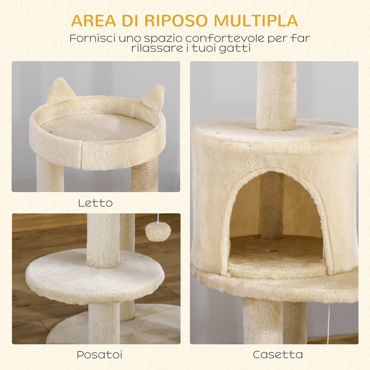 Albero Tiragraffi per Gatti Adulti con Cuccia Spaziosa e Piattaforma, 104 cm, Bianco Crema