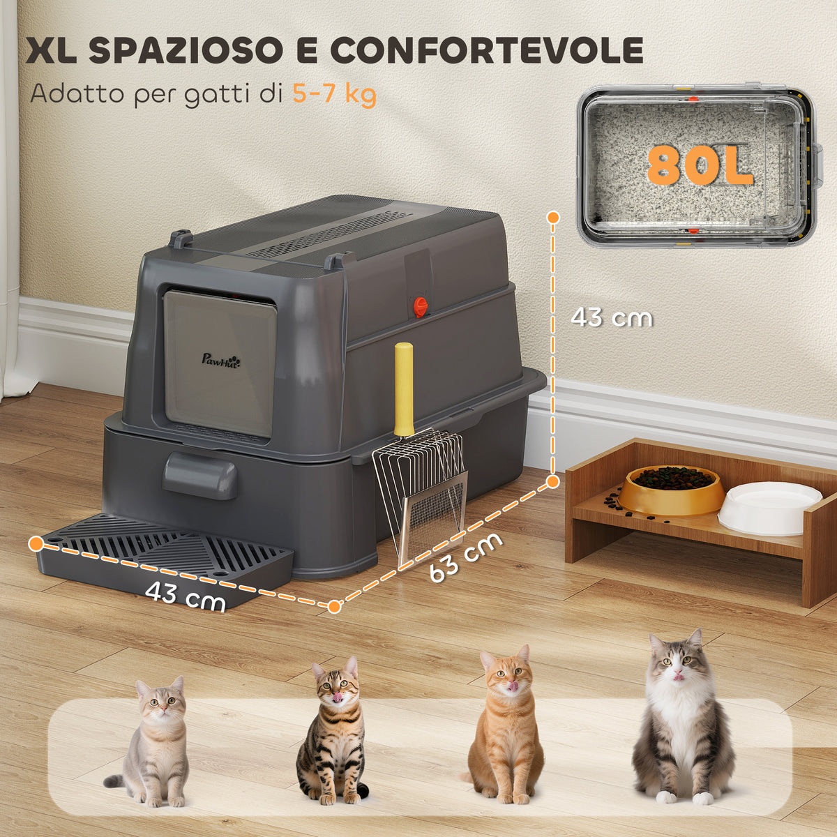 Lettiera per Gatti Chiusa da 80L con Vassoio Estraibile, in ABS e Acciaio Inox, 63x43x43 cm, Grigio Scuro