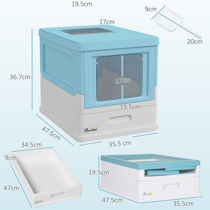 Lettiera per Gatti Chiusa con Paletta, Vassoio Estraibile e 2 Porte, 47.5x35.5x36.7cm, Azzurro