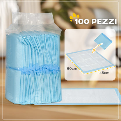 Set 100 Tappetini Igienici per Cani a 6 Strati in Tessuto non Tessuto, Carta e PE, 45x60 cm, Blu e Bianco