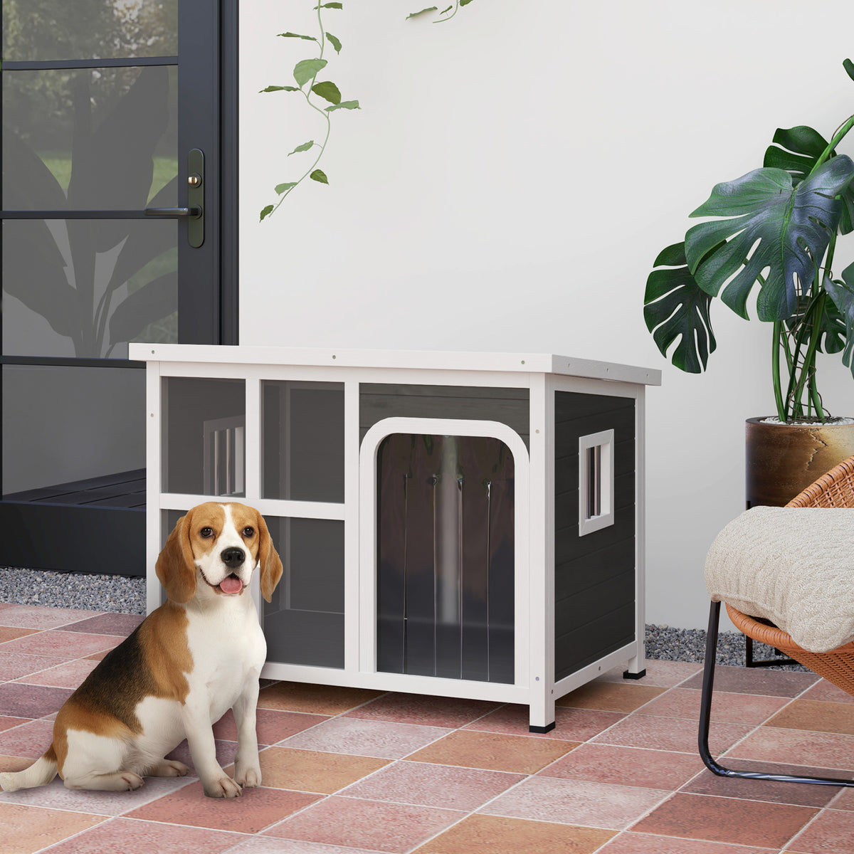 Casetta per Cani con Finestrelle e Ingresso a Tenda, in Legno di Abete, 90x62x71 cm, Grigio Chiaro