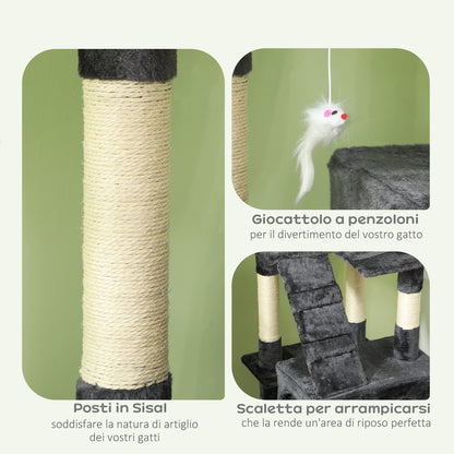Albero Tiragraffi per Gatti con 3 Posatoi, 2 Casette e Giochi Appesi, in Legno e Peluche, 49x49x173 cm, Grigio