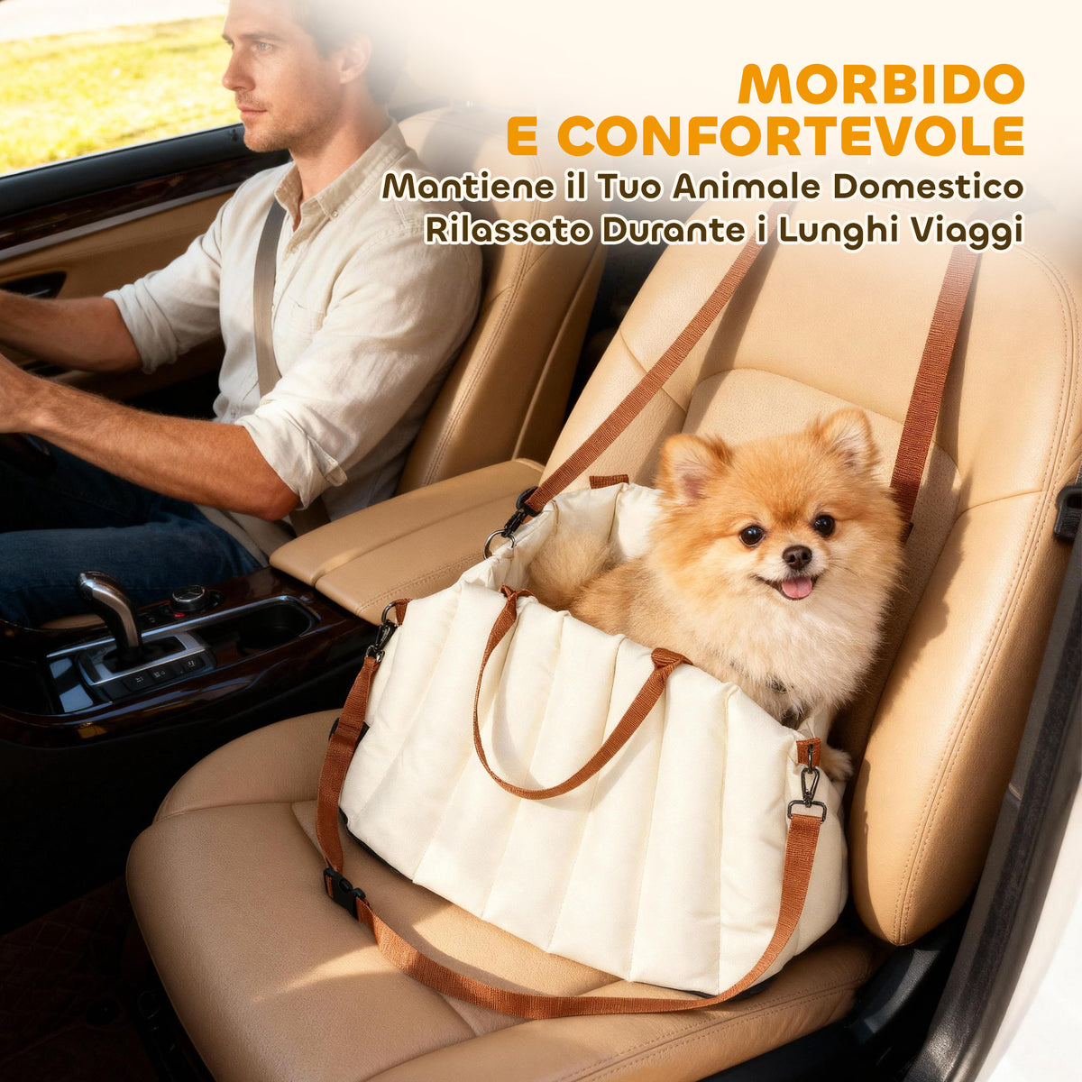 Seggiolino Auto per Cani Piccoli con Guinzaglio e Base Antiscivolo, Convertibile in Borsa per Animali, Crema