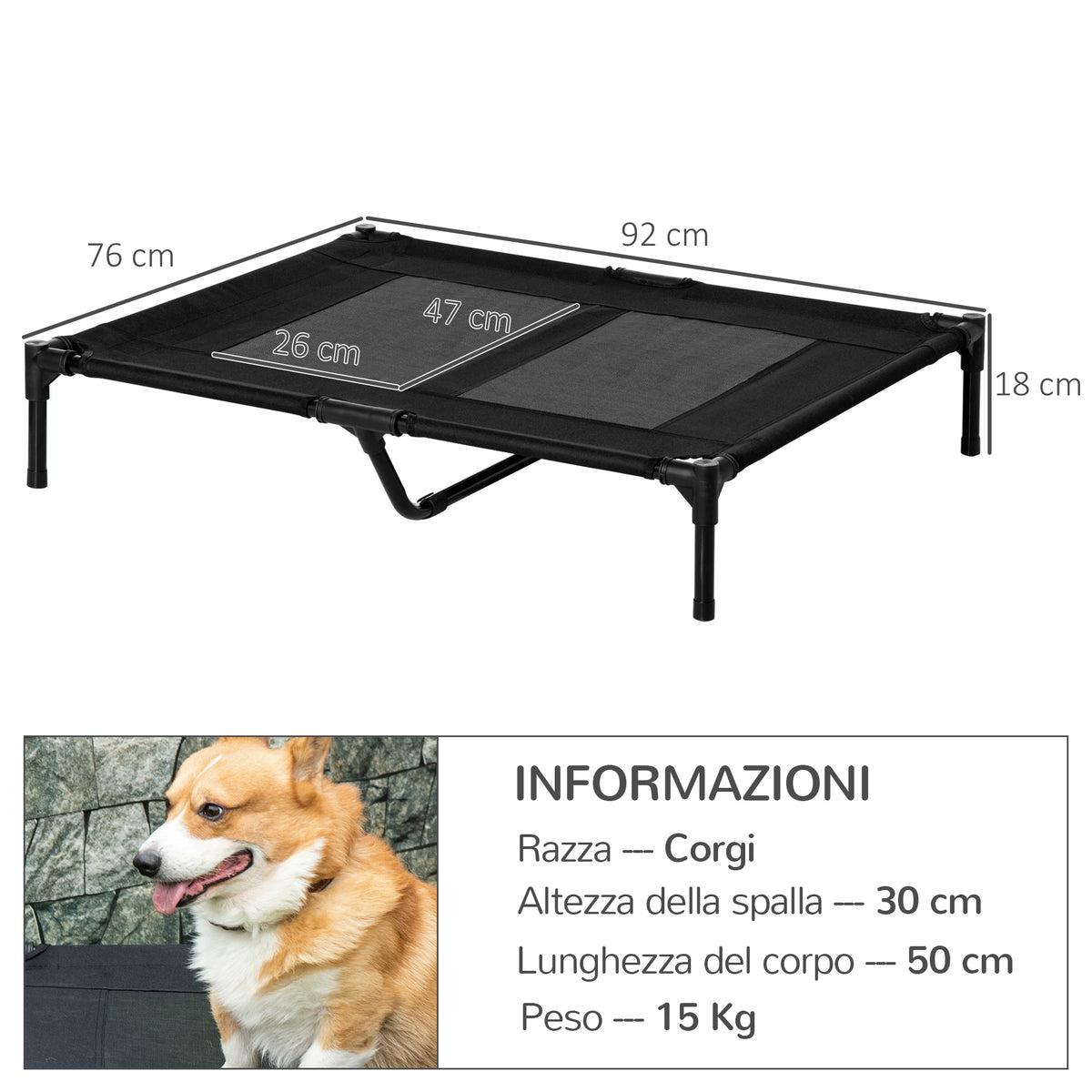 Brandina per Cani Grandi in Metallo e Tessuto Oxford con Borsa di Trasporto, 92x76x18cm, Nero