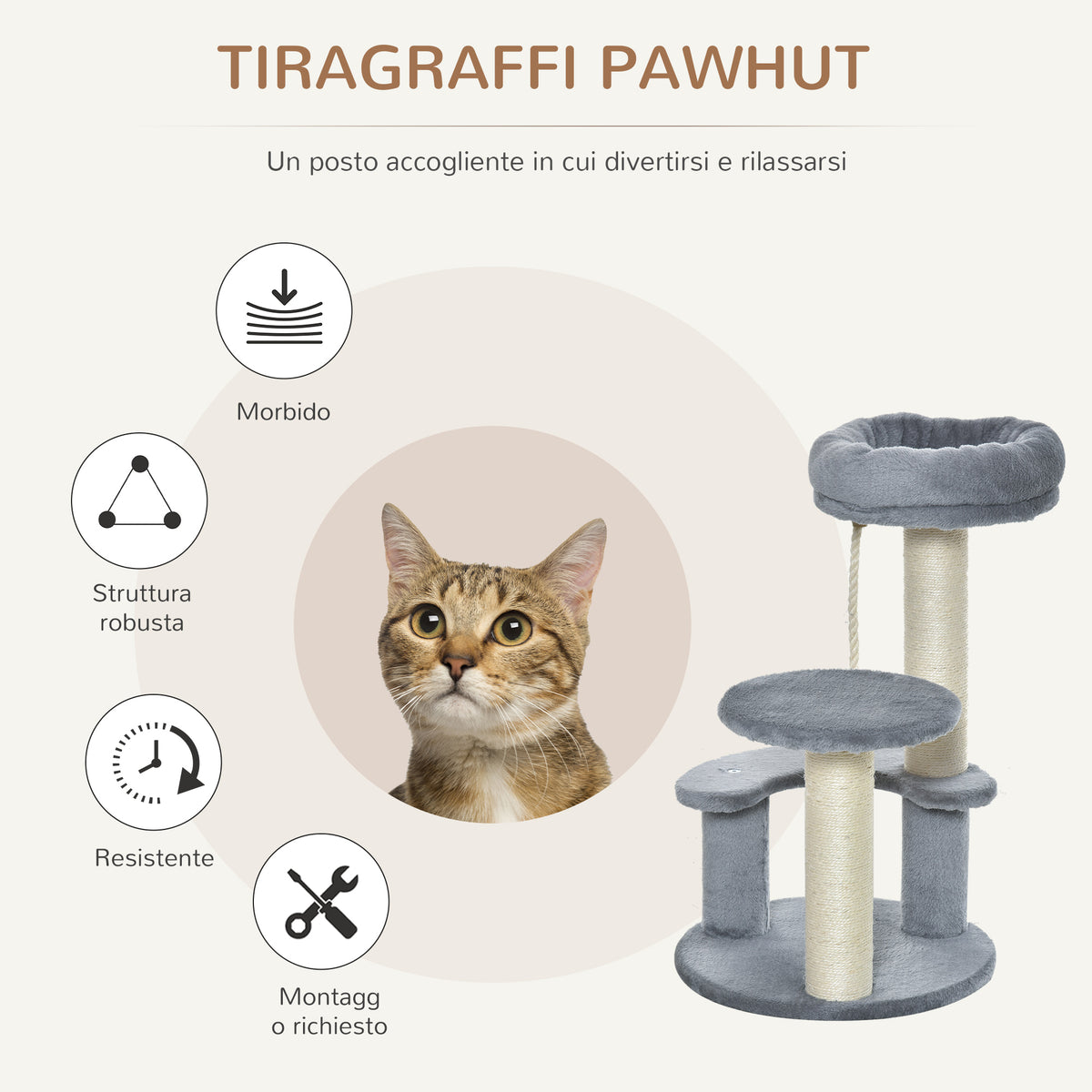 Albero Tiragraffi per Gatti a 3 Livelli con Piattaforme, Lettino e Pali in Sisal, Torre per Gatti con Rivestimento in Peluche, 40x65 cm, Grigio
