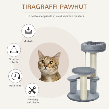 Albero Tiragraffi per Gatti a 3 Livelli con Piattaforme, Lettino e Pali in Sisal, Torre per Gatti con Rivestimento in Peluche, 40x65 cm, Grigio