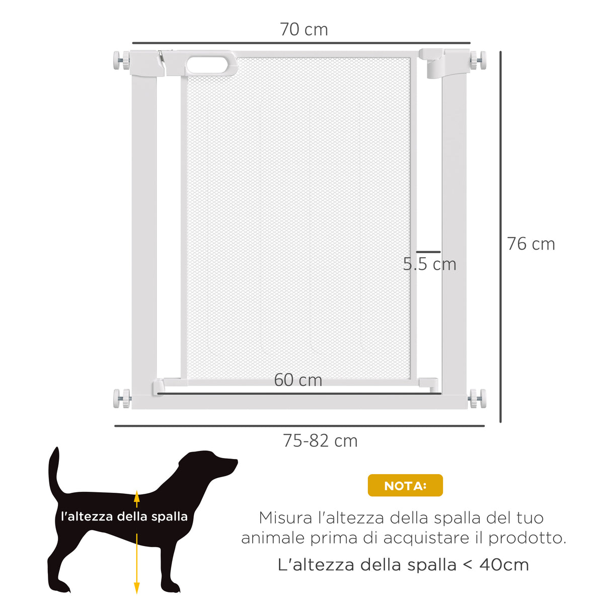 Cancellino per Cani Regolabile con Chiusura Automatica, Acciaio e ABS, 75-82x76 cm, Bianco