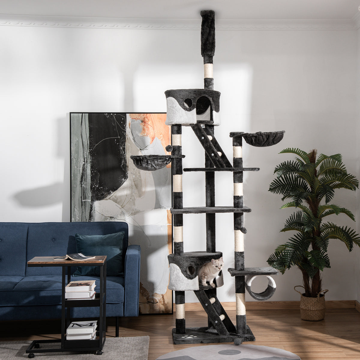 Tiragraffi per Gatti a Soffitto con Altezza Regolabile 240-260 cm, Albero Tiragraffi per Gatti Multilivello con Cucce, Amache e Scale, Corde in Sisal, Grigio Scuro e Bianco