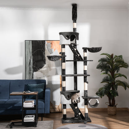 Tiragraffi per Gatti a Soffitto con Altezza Regolabile 240-260 cm, Albero Tiragraffi per Gatti Multilivello con Cucce, Amache e Scale, Corde in Sisal, Grigio Scuro e Bianco