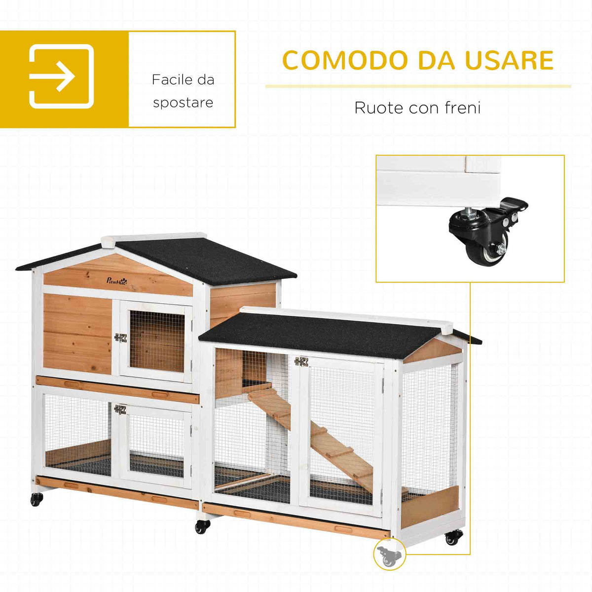 Conigliera a 2 Livelli con Rete Protettiva, in Legno, Metallo e Bitume, 157.4x53x99.5 cm, Giallo Bianco e Nero
