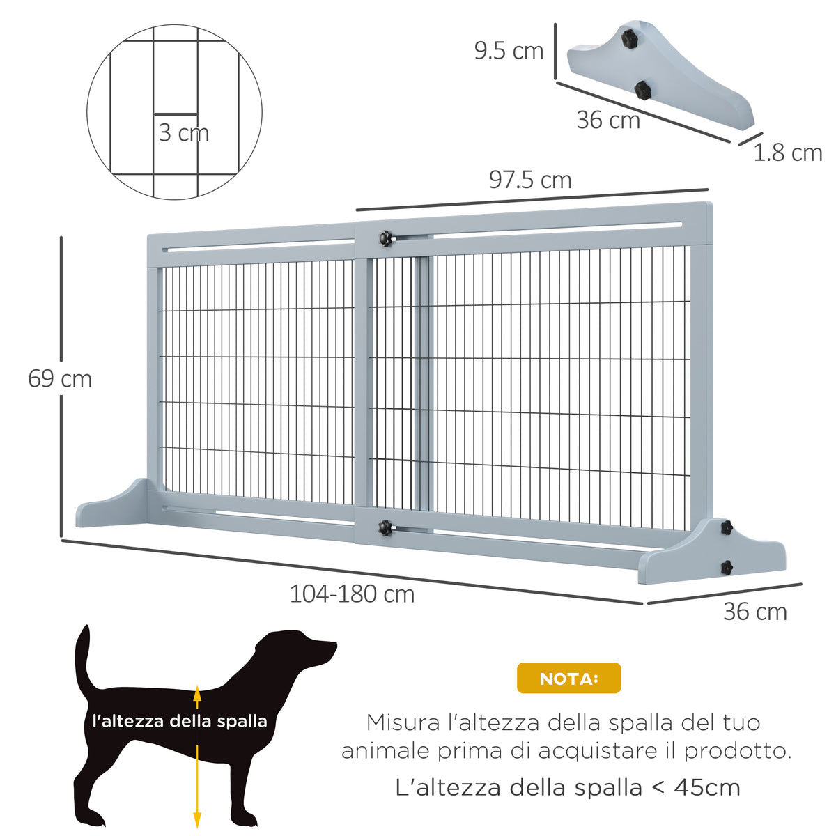 Cancellino per Cani Estensibile da Interno in Legno e Acciaio, 104-180x36x69cm, Blu-grigio