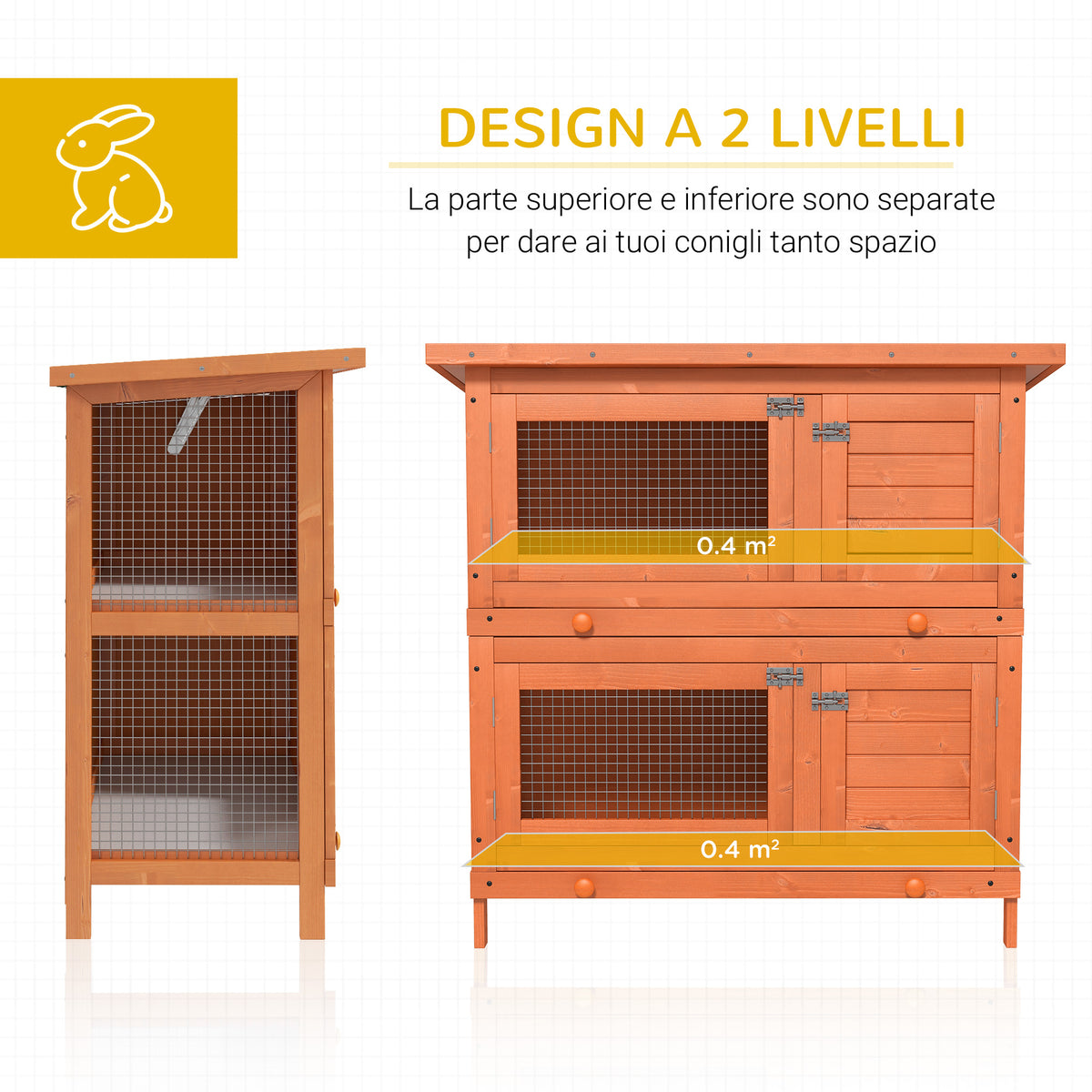 Gabbia a Due Piani per Conigli, Conigliera da Esterno in Legno di Abete, 90x45x90 cm, Legno e Verde