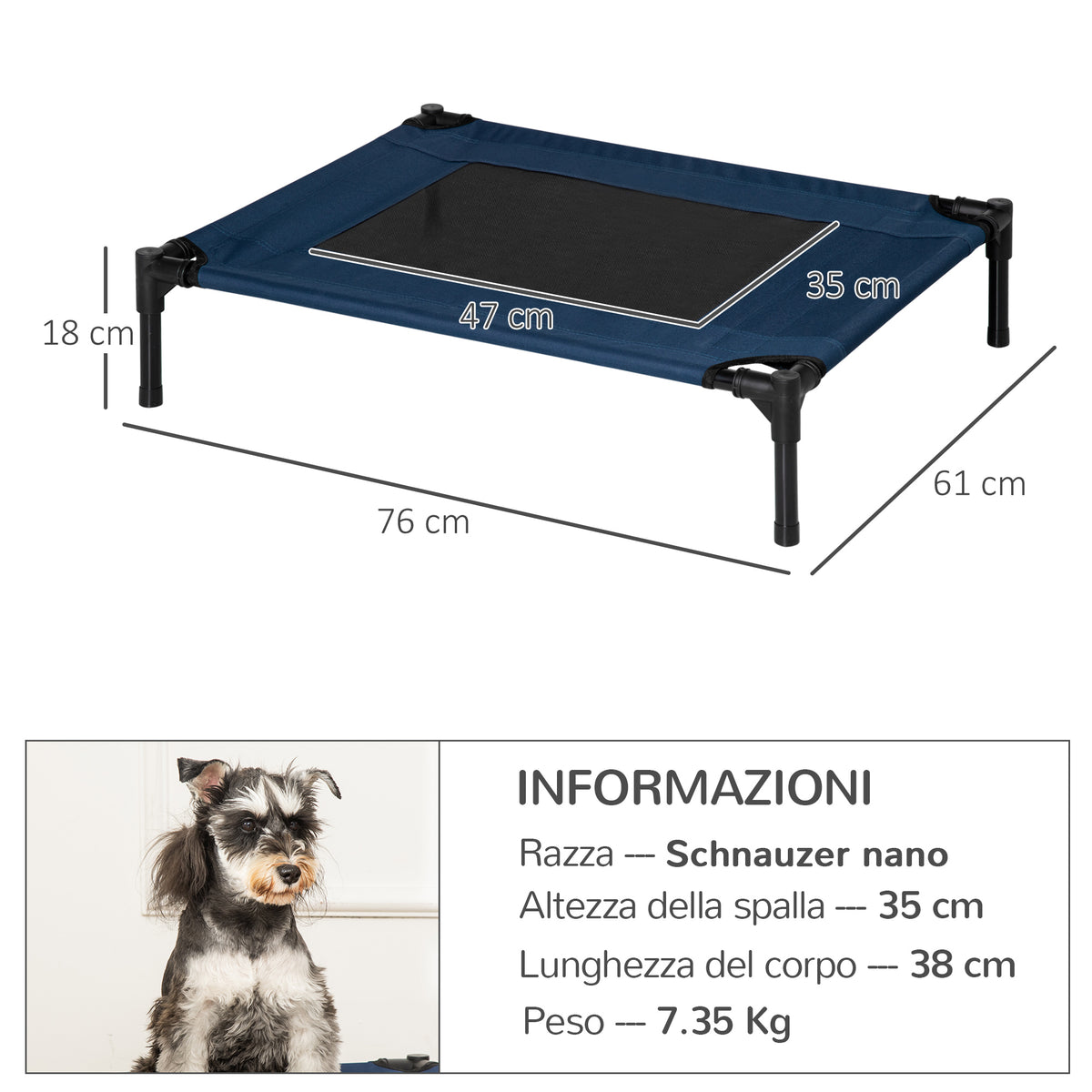 Letto Rialzato per Cani 20 kg max Impermeabile, in Tessuto Oxford e Metallo, 76x61x18 cm, Blu
