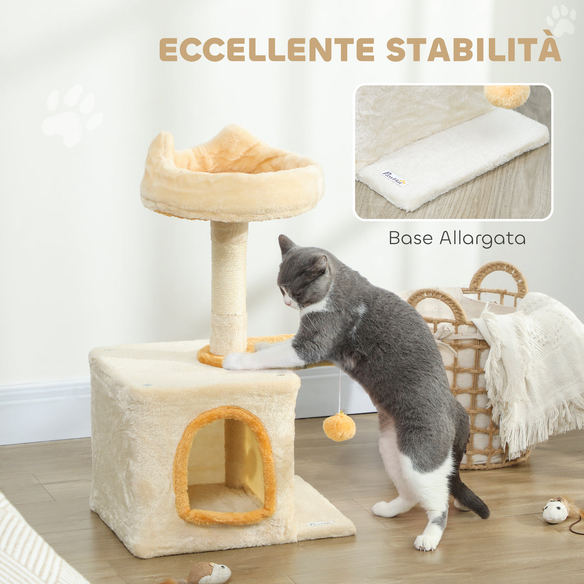 Albero Tiragraffi per Gatti con Posatoio e Casetta, in Legno, Peluche e Sisal, 40x30x72 cm, Beige e Giallo
