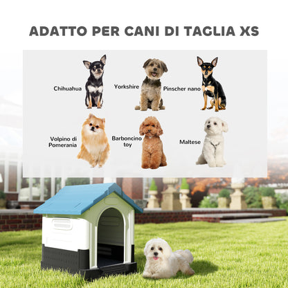 Cuccia per Cani Piccoli da Esterno in Plastica con Finestre e Base Rialzata, 64.5x57x66 cm, Blu
