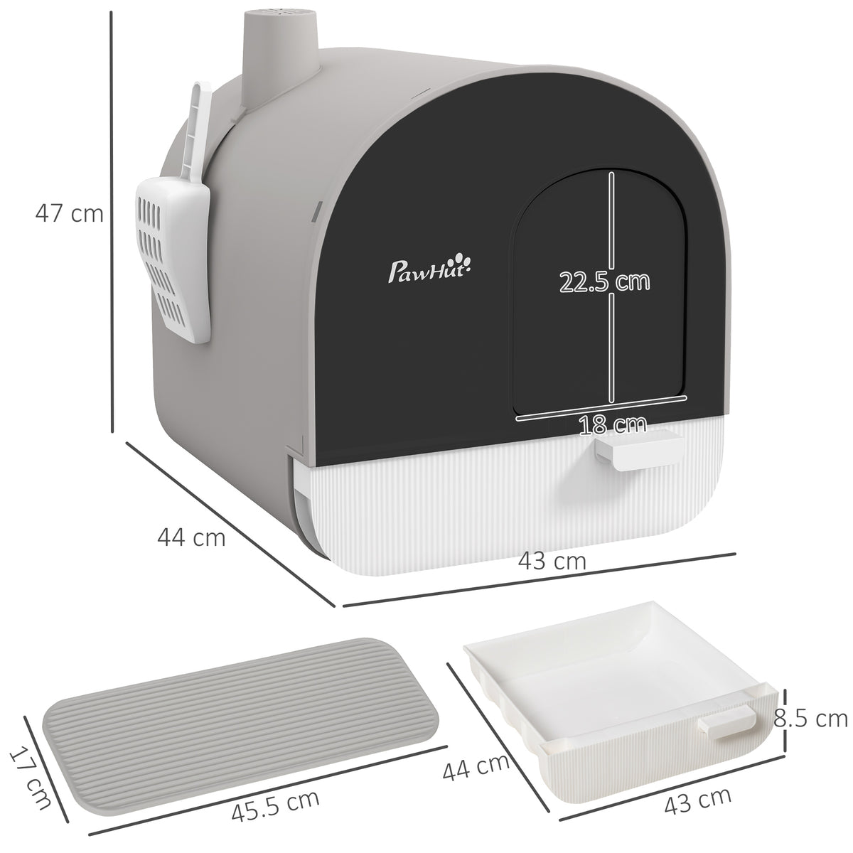 Lettiera per Gatti Chiusa con Filtri, Paletta e Vassoio, Struttura in PP, 43x44x47cm, Grigio