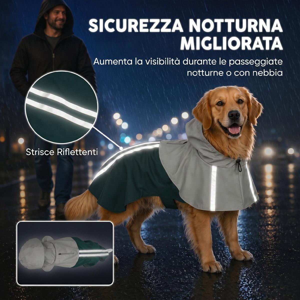 Impermeabile per Cani con Cappuccio, Foro per Guinzaglio e Strisce Riflettenti, per Cani di Taglia Grande, Verde