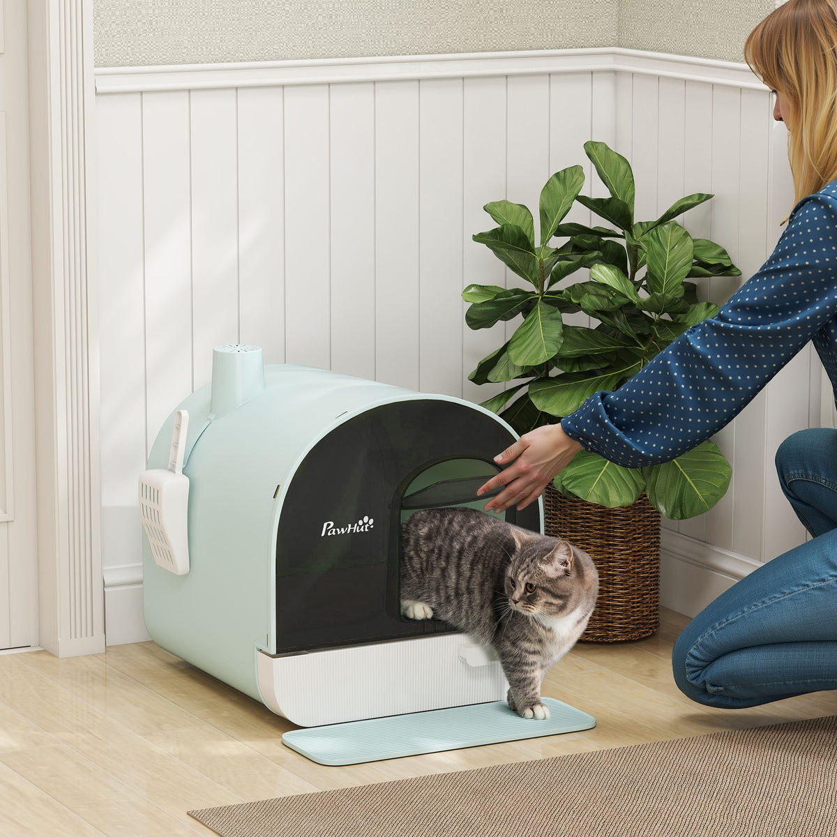 Lettiera per Gatti Chiusa con Filtri, Paletta e Vassoio, Struttura in PP, 43x44x47cm, Verde