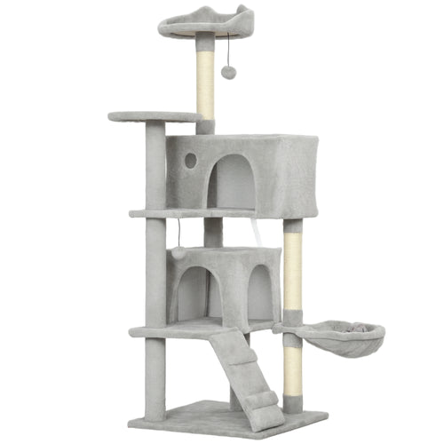 Albero Tiragraffi per Gatti Alto 140 cm con 2 Casette, Amaca, Lettino e Pali in Sisal, Grigio