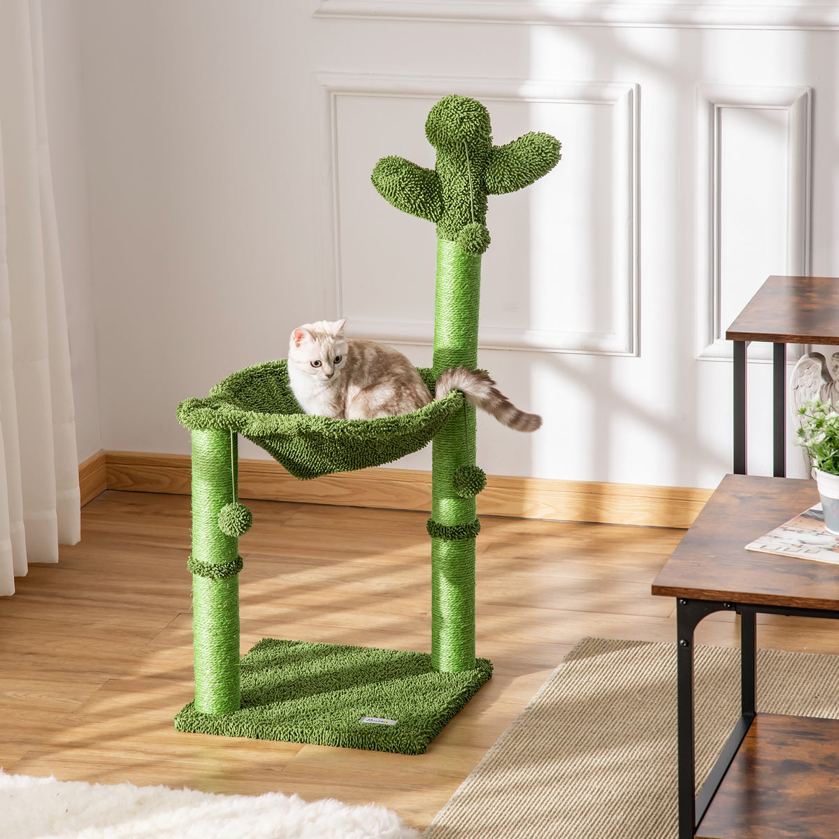 Albero Tiragraffi per Gatti fino 4.5kg a Forma di Cactus con Palline e Amaca, 40x40x96cm - Verde